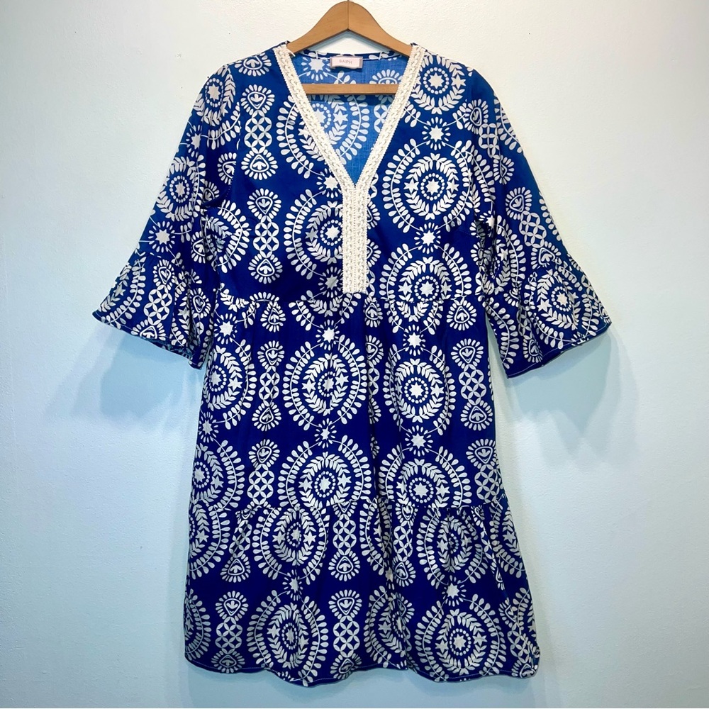 SAIPH Santorini Floral Mini Dress Size M Blue White Cotton Italy Relaxed Coastal